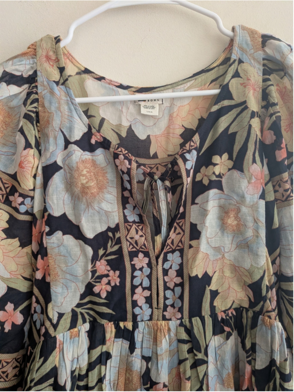 Billabong Lost Cove Midi Dress L Black Floral Cotton Gauze Boho Puff Sleeve - Picture 6 of 12